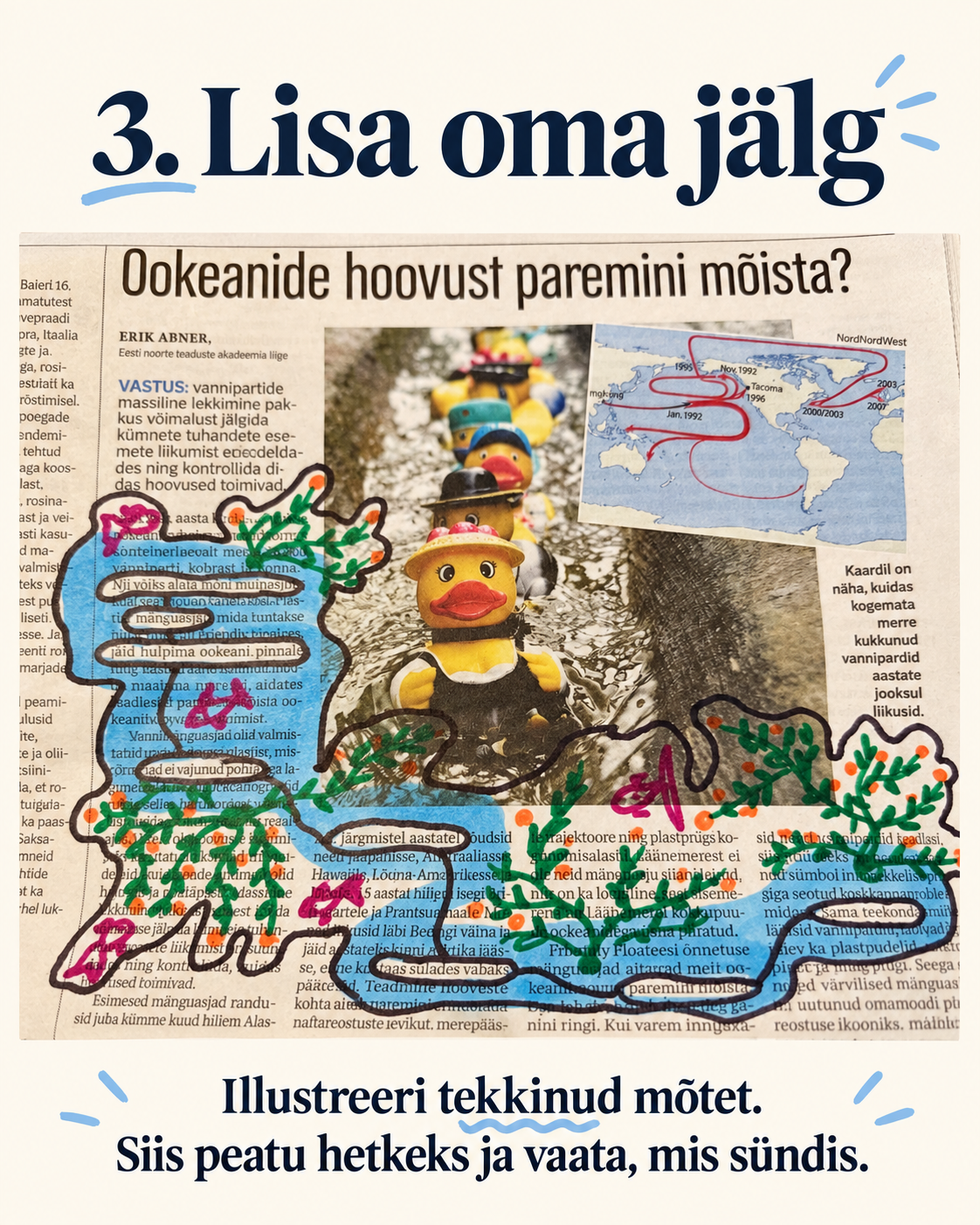 Kui sõnad leiavad uue tähenduse: loov harjutus ajalehega Valmis loovtöö: ajalehele valitud sõnade ümber on joonistatud värvilisi taimi.