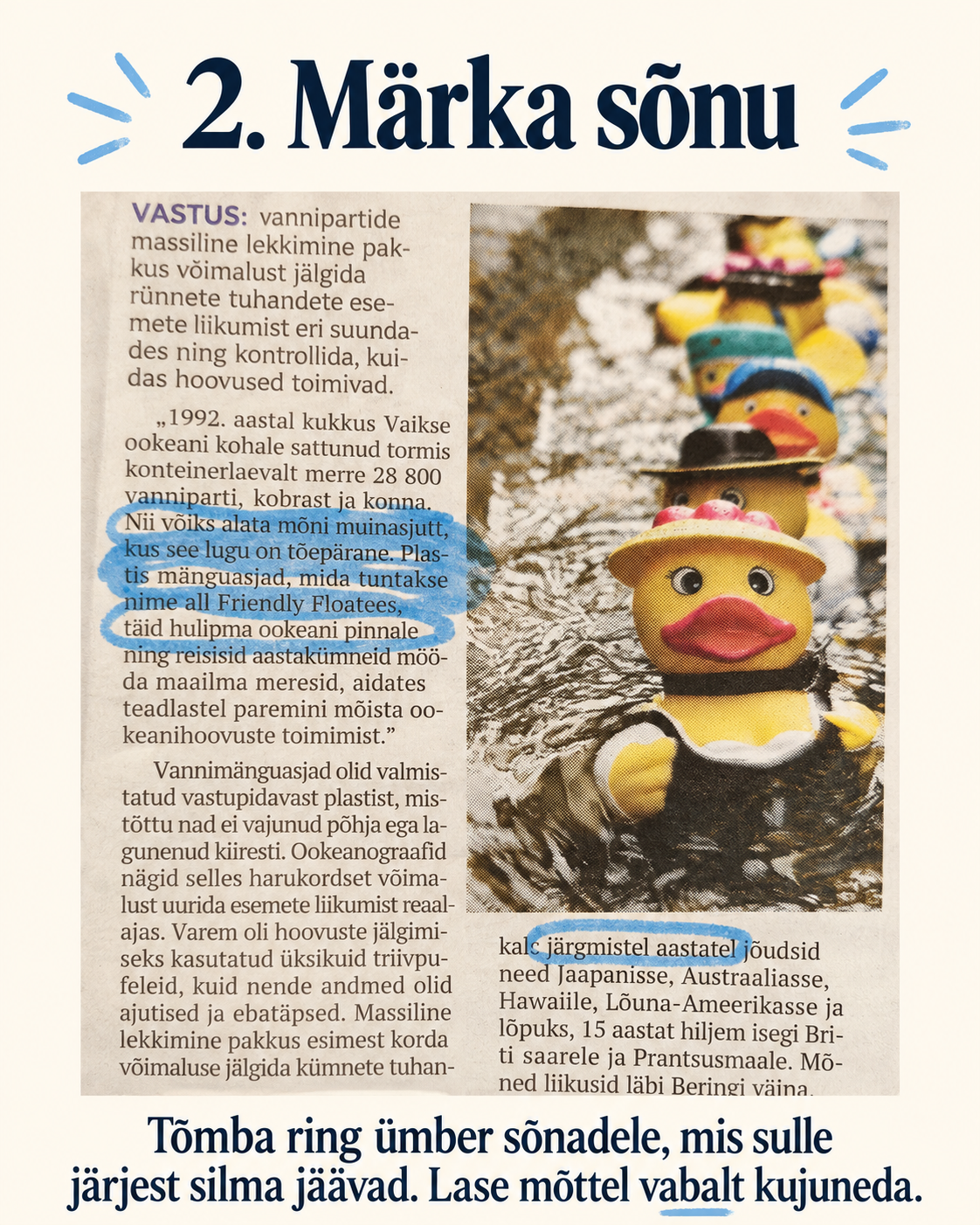 Kui sõnad leiavad uue tähenduse: loov harjutus ajalehega Sõnad ajalehelool on esile tõstetud sinise värviga.